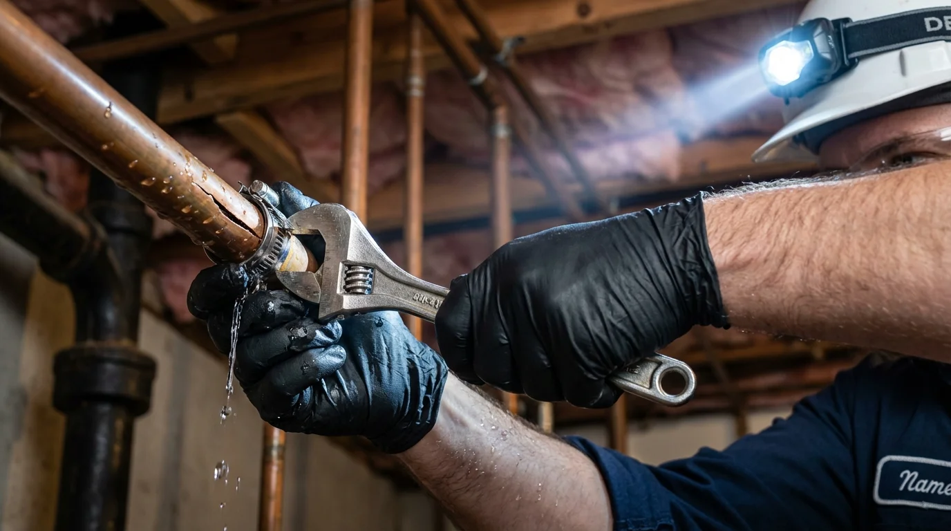 Emergency pipe clamp repair being performed by a Johns Plumbing LLC plumber in Bainbridge