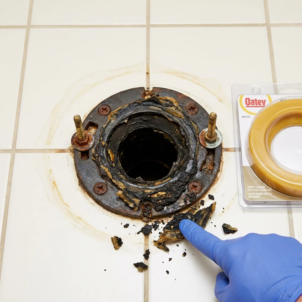 Failed wax ring showing water seepage at the base of a toilet in a Bainbridge, PA home