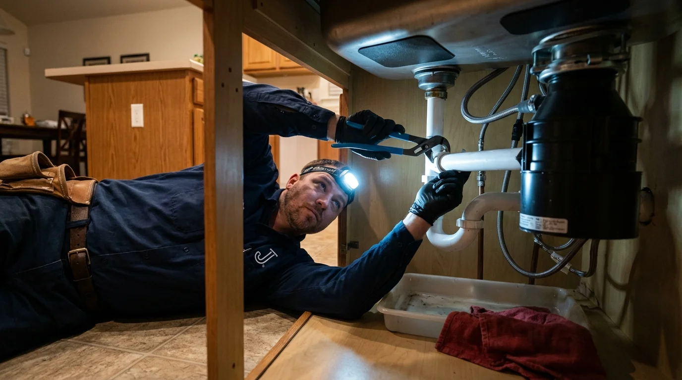 P-trap and supply line connections under a kitchen sink showing a common leak point in Bainbridge, PA